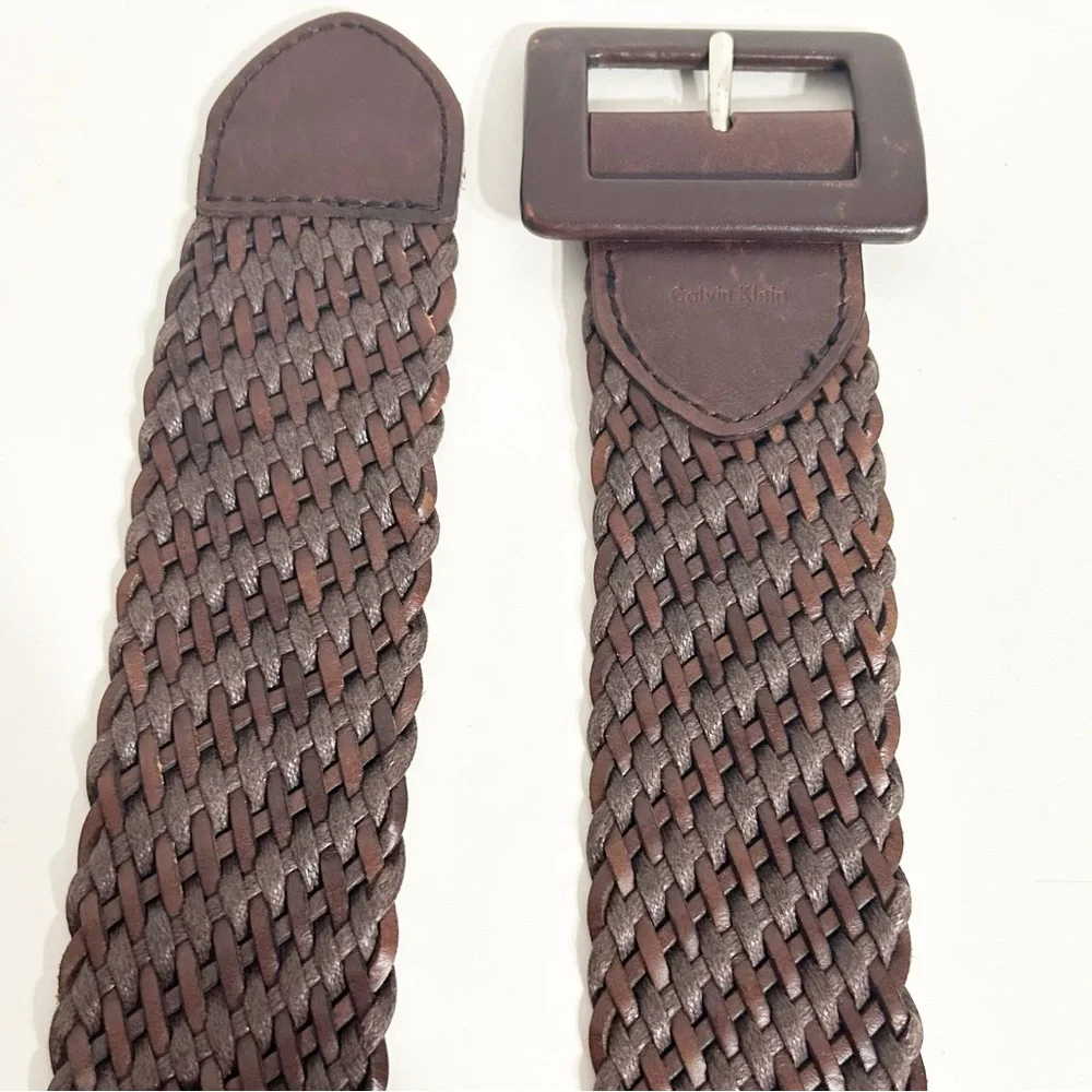 Calvin Klein Oversized Leather Covered Buckle Dark Brown Woven Leather Jute Belt